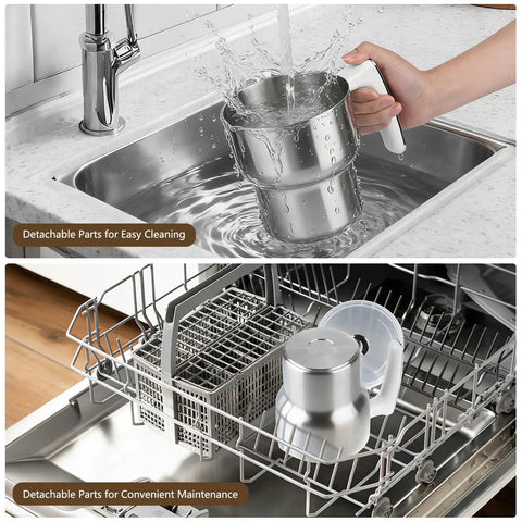 All In One Milk Frother And Steamer With Detachable Base Automatic Warm And Cold Foam Maker being cleaned in sink and dishwasher