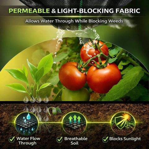 Heavy Duty Weed Barrier Landscape Fabric With Woven Geotextile Ground Cover, image of water flowing through fabric to plants.