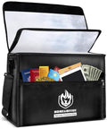 Open X-Large Thermal Insulated Fireproof Document Bag With Dual Pockets, 17x12x6 Inches, showing contents and front pocket.