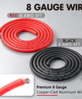 Straight Up 4 Gauge Auto Audio Hook Up Kit With 20 Ft Oxygen Free Copper Power Cable And 8 Gauge Speaker Runs For Dual Subs Includes Heavy Duty Anl Fuse Holder And Quick Install Ground Distribution Block. Red and black 8 gauge copper-clad aluminum wire coils, 5 feet each.
