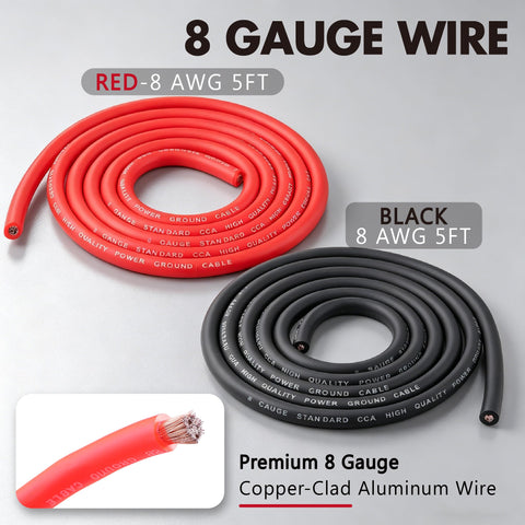 Straight Up 4 Gauge Auto Audio Hook Up Kit With 20 Ft Oxygen Free Copper Power Cable And 8 Gauge Speaker Runs For Dual Subs Includes Heavy Duty Anl Fuse Holder And Quick Install Ground Distribution Block. Red and black 8 gauge copper-clad aluminum wire coils, 5 feet each.