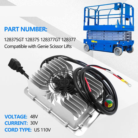 Heavy Duty 48V 30A Battery Charger For Scissor Lift Boom And Vertical Rig Direct Swap 128375GT 128375 1204825 Jobsite Beast No Sweat Installation Z-34/22N GS-4069 Rock Solid Fast Reliable Power Delivery