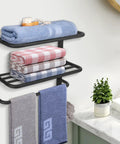 Foldable Double Towel Rack With Towel Bar And 5 Hooks Space Aluminum Wall Mount Shelf For Bathroom And Kitchen No Drill Easy Install 23 Inch Chrome Finish Durable And Space Saving Design holding towels