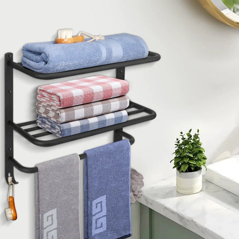 Foldable Double Towel Rack With Towel Bar And 5 Hooks Space Aluminum Wall Mount Shelf For Bathroom And Kitchen No Drill Easy Install 23 Inch Chrome Finish Durable And Space Saving Design holding towels