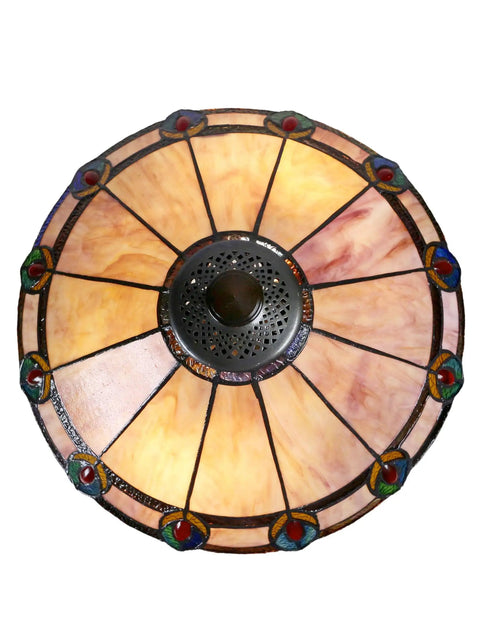 Aldridge Peacock Table Lamp In Antique Bronze Finish With Hand Rolled Copper Foiled Art Glass Panels And Cream Amber Backdrop Top View