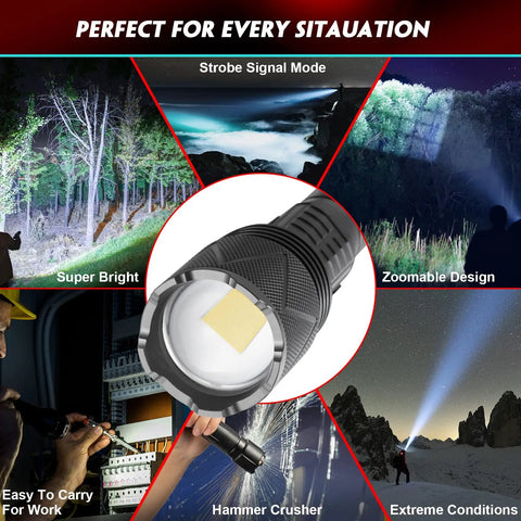 Collage showcasing Beast Bright 8000 Lumen LED Flashlight With Zoomable Focus, featuring various outdoor scenarios and flashlight details.