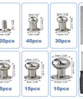 Heavy Duty Round Head Button Studs And Chicago Screws Assorted In 120 Pieces Dope Silver Zinc Alloy Hardware image showing sizes and quantities.