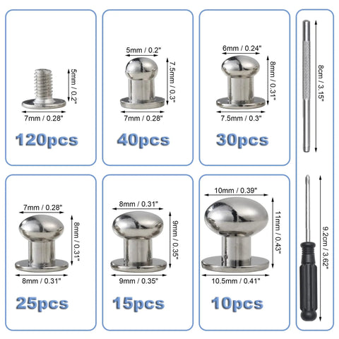 Heavy Duty Round Head Button Studs And Chicago Screws Assorted In 120 Pieces Dope Silver Zinc Alloy Hardware image showing sizes and quantities.