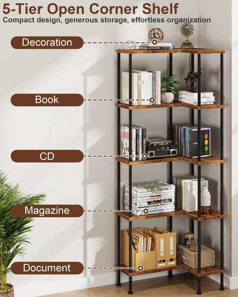 Top Notch 5 Tier L Shaped Corner Bookshelf 60 Inch Tall Modern Shelving Unit For Home Office Wall Storage Organizer And Display Rack Easy Install Design That Is A Total Game Changer For Your House Digs with books, magazines, and decor.