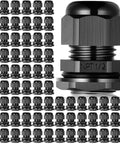 100 Pack 1/2 NPT Black Nylon Cable Glands IP68 Waterproof, adjustable locknut close-up showing heavy duty plastic fittings