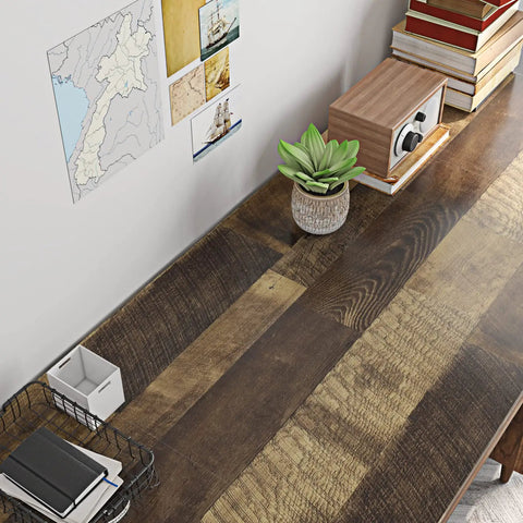 Wood Look Peel And Stick Vinyl Plank Roll For Floors Walls Bathrooms And Countertops Waterproof Removable Renter Friendly Easy DIY Install 15.8x197 Inch 21.65 Sq Ft Brown Shiplap Finish on a desk surface with decor items.