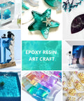 Collage of epoxy resin art pieces including ocean-themed sculptures and vibrant trinkets.