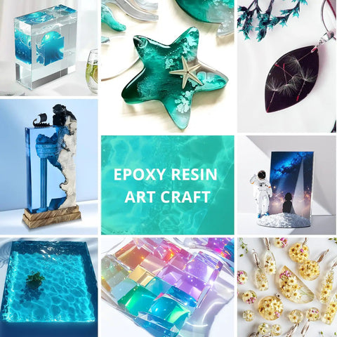 Collage of epoxy resin art pieces including ocean-themed sculptures and vibrant trinkets.