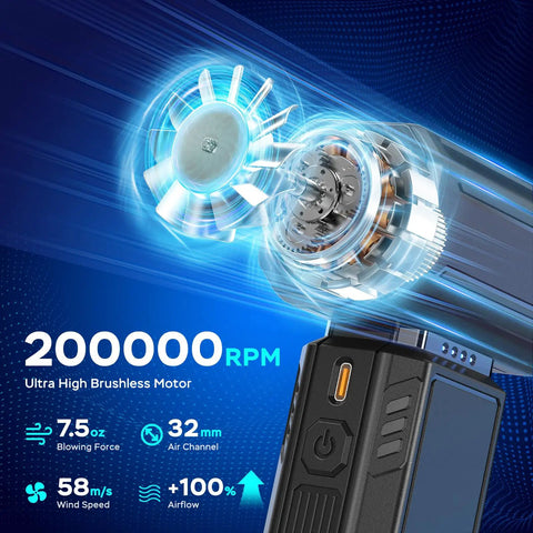 Electric Portable Air Duster With Brushless Motor 200000 RPM Peak 58 Meters Per Second Wind Stepless Speed Pro Level