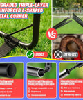 Comparison of upgraded triple-layer reinforced metal corner design with fiberglass poles and strong bungee cord features.