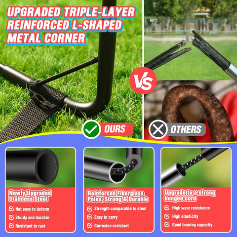 Comparison of upgraded triple-layer reinforced metal corner design with fiberglass poles and strong bungee cord features.