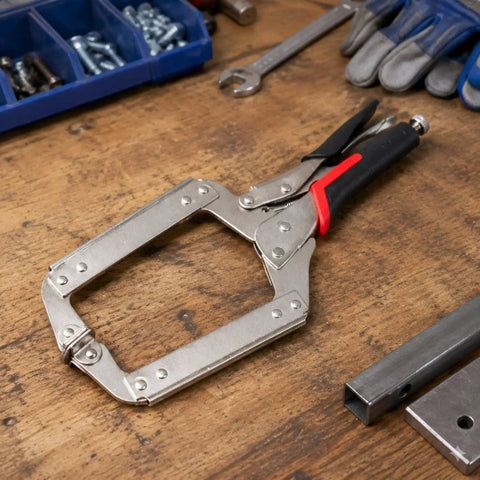Heavy Duty Locking Clamp Plier 14 Inch With Adjustable Screw For A Beefy Non Slip Grip And Precise Holding Built For Repeated Repairs Home Improvements And Workshop Projects Delivering Fast Reliable Lockdown Power, on wood workbench