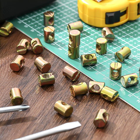 Bulk 50 Pcs M6 Barrel Nuts Kit For Cross Dowels Slotted Nuts Replacement Hardware on wood table with tools