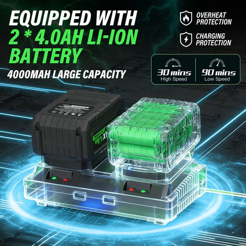 Two 4Ah Li-ion batteries and charger for 3 In 1 Cordless Leaf Blower Vacuum Mulcher With Brushless Motor 385 CFM And Five Speed Control