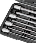 Extra Long 7 Piece SAE Hex Allen Socket Set For Deep Reach In Engine Bays And Recessed Fasteners One Eighth To Three Eighths Inch Drive S2 Steel Bits With Cr V Sockets Six Point One Inch Overall Length Durable Case, showing sockets in case