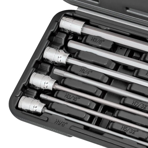 Extra Long 7 Piece SAE Hex Allen Socket Set For Deep Reach In Engine Bays And Recessed Fasteners One Eighth To Three Eighths Inch Drive S2 Steel Bits With Cr V Sockets Six Point One Inch Overall Length Durable Case, showing sockets in case