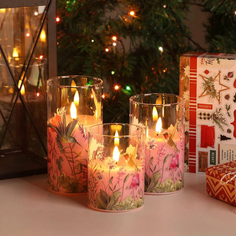 Pink Hummingbird Glass Flameless Candles Set Of 3 With Remote Control Flickering LED Pillar Candles Battery Operated Real Wax In Glass