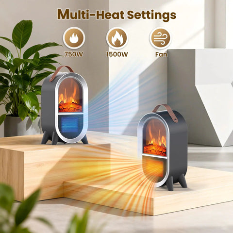 Portable Electric Fireplace Heater For Indoor Use With 1500W High And 750W Low Settings Realistic 3D Flame Thermostat Carry Handle Overheat And Tip Over Protection All Season Cozy Space Heater For Home Office Bedroom Desk Black on steps with heat emitted.
