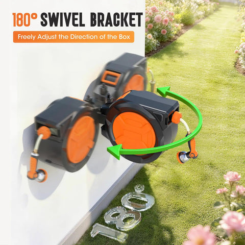 Heavy Duty Auto Rewind Garden Hose Reel With 1/2 Inch By 100 Feet 2 In 1 Wall Mount And Portable Design showing 180 degree swivel bracket