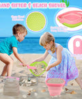 Kids playing on beach with Ultimate Beach Treasure Hunt Kit For Kids And Families, using sand sifter and folding bucket.
