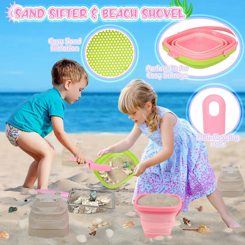 Kids playing on beach with Ultimate Beach Treasure Hunt Kit For Kids And Families, using sand sifter and folding bucket.