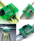 10 Pack DIN Rail Mount PCB Holder Clips for 35mm and 15mm C45 rails, green PA66 material, installed on DIN rail with PCBs.