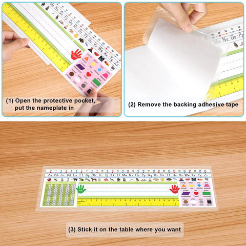 Demonstration of Stick On Nameplate Pockets For Desks, 40 Pack, Clear Adhesive Covers Measuring 4.7 X 14.2 Inches, Easy Peel And Stick.