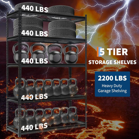 Commercial Grade Five Tier Steel Shelving Unit With Fully Adjustable Heights Rock Solid Workhorse For Warehouse And Garage Setup 2500 Lb Capacity Tough As Nails Metal Storage Rack with kettlebells and tires on shelves.