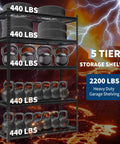 Five Tier Heavy Duty Adjustable Metal Garage Storage Shelves Black Steel Rack With Massive 2200 Pound Load Rating featuring kettlebells and tires.