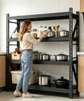 Beefed Up Garage Shelving System 73 Inches High, black steel kitchen shelving holding pots and bins