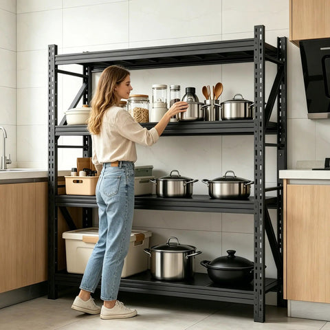 Beefed Up Garage Shelving System 73 Inches High, black steel kitchen shelving holding pots and bins