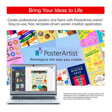 PosterArtist online poster creation software displayed on a laptop with various flyer templates and a 'Bring Your Ideas to Life' banner