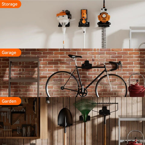 Heavy Duty Wall Mounted Garage Tool Organizer Rack holding hedge trimmers, garden tools, bike against brick and wood wall.