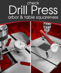 A Line It Deluxe Table Saw Alignment Tool With Digital Dial Indicator checking drill press arbor and table squareness