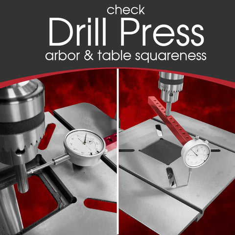 A Line It Deluxe Table Saw Alignment Tool With Digital Dial Indicator checking drill press arbor and table squareness