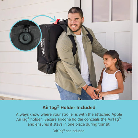 Man carrying padded compact travel stroller bag with AirTag holder, gate check ready, black, expands 7 to 11 inches deep