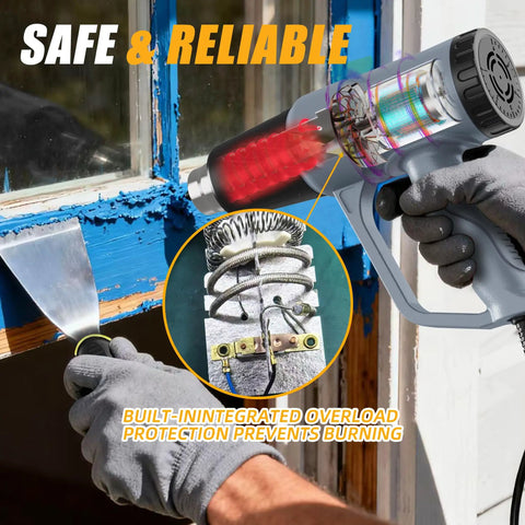 Powerful Dual Temperature Heat Gun With 572F And 1112F Settings Overload Protection Four Nozzles 900 To 1300W in use for paint removal