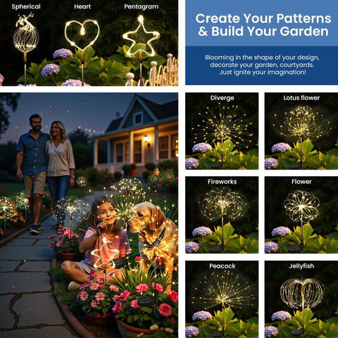 Outdoor Solar Fairy Lights 120 LED Two Pack Warm White Decor For Yard Patio Pathway Balcony With Upgraded Solar Panel And Long Lasting Battery Delivers 10 To 12 Hours Of Night Glow creating diverse patterns in garden with people and dog at night.