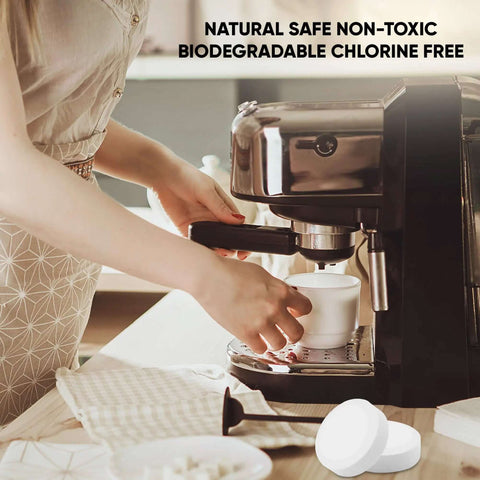 Pro Grade Espresso Machine Cleaning Tablets Kit, 100 Tablets For Jura, Miele, And All Brands displayed in kitchen setting