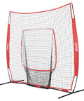 7x7 Ft Baseball And Softball Practice Net Portable Training Net For Hitting Batting Catching And Pitching Backstop With Carry Bag Ideal For Backyard And Field Use shown standing with red frame.