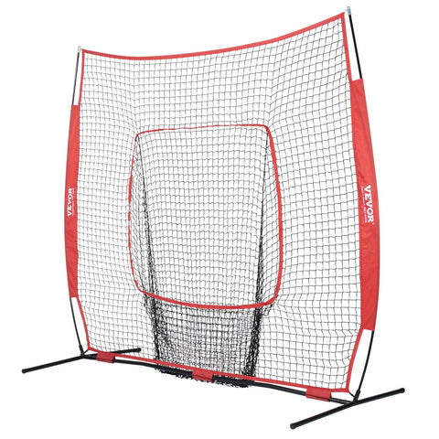 7x7 Ft Baseball And Softball Practice Net Portable Training Net For Hitting Batting Catching And Pitching Backstop With Carry Bag Ideal For Backyard And Field Use shown standing with red frame.
