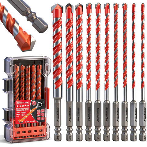 Go-To 10-Piece Masonry Drill Bit Set With 6-Inch Carbide Tipped Bits And Hex Shank For Brick Cement Tile Wood And Light Metal