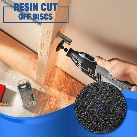 Cutting Wheel Kit For Dremel Rotary Tool, 44 Pc Set With Diamond Cutting Wheels, Resin Cut Off Discs, HSS Circular Saw Blades And Mandrels - Ideal Gift For DIYers To Cut Glass, Tile, Gems, Ceramics And More showing resin cut off disc in use with sparks