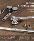 9 Foot Stainless Steel Sliding Door Hardware Kit For Wooden Barn Doors laid out, showing Y-shaped track and hangers on wooden surface.