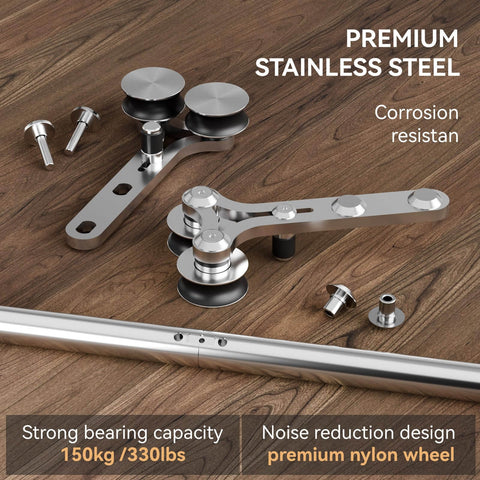 9 Foot Stainless Steel Sliding Door Hardware Kit For Wooden Barn Doors laid out, showing Y-shaped track and hangers on wooden surface.